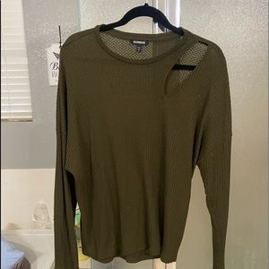 Army green, long sleeve tunic with cut out shoulder.